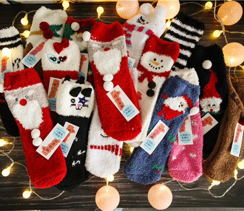 Female Winter Thickening Warm Coral Velvet Sleep Moose Snowman Tree Medium Tube Red Christmas Socks